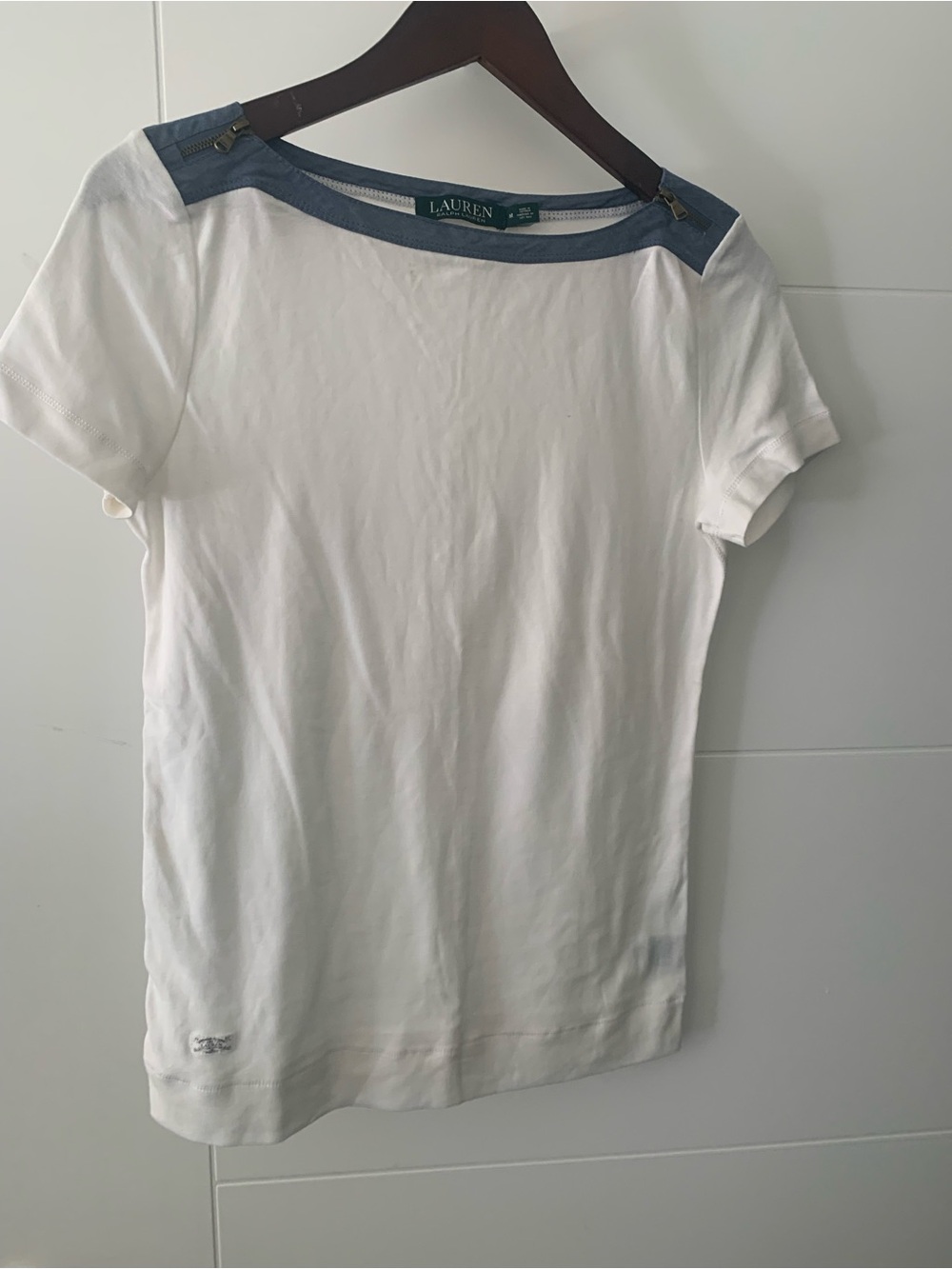 Lauren Ralph Lauren White Short-Sleeve Tee with Denim-Trim Boatneck A15